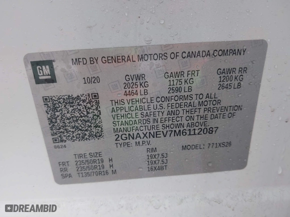 2021 Chevrolet Equinox Premier with VIN 2GNAXNEV7M6112087, listed as a IAAI auction lot 41102702 with 32,995 mi miles. Bid and sale history available at carsss.com. Image 9.