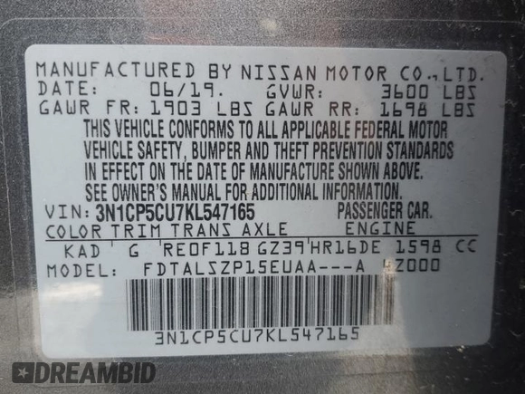 2019 Nissan Kicks SR z VIN 3N1CP5CU7KL547165, wystawiony jako Copart lot #49992975 z przebiegiem 98 357 mil mil oraz Nie do naprawy • Non repairable. Historia ofert i sprzedaży dostępna na DreamBid. Obrazek 13.