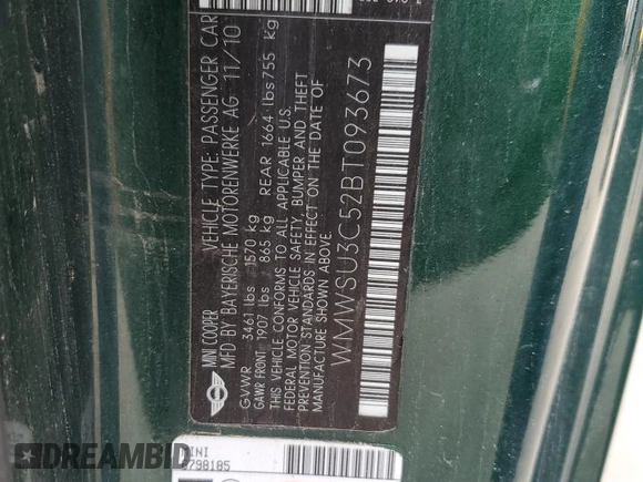 2011 MINI Hardtop с VIN WMWSU3C52BT093673, выставлен на аукционе Copart как лот 59992375 с пробегом 114 919 миль миль и Списание • Salvage title. История ставок и продаж доступна на DreamBid. Изображение 12.