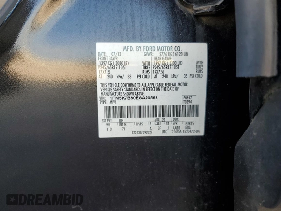 2014 Ford Explorer with VIN 1FM5K7B80EGA20562, listed as a Copart auction lot 59628655 with 215,801 mi miles and Salvage title. Bid and sale history available at DreamBid. Image 13.