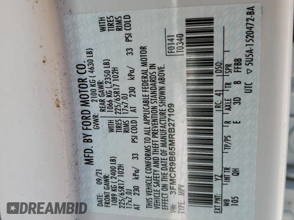 2021 Ford Bronco Sport Big Bend z VIN 3FMCR9B65MRB27109, wystawiony jako Copart lot #53089795 z przebiegiem 59 721 mil mil oraz Szkoda całkowita • Salvage title. Historia ofert i sprzedaży dostępna na DreamBid. Obrazek 14.