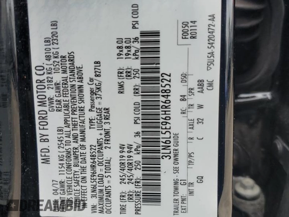 2017 Lincoln MKZ Reserve with VIN 3LN6L5E96HR648522, listed as a Copart auction lot 57698155 with 106,379 mi miles and Salvage title. Bid and sale history available at DreamBid. Image 12.