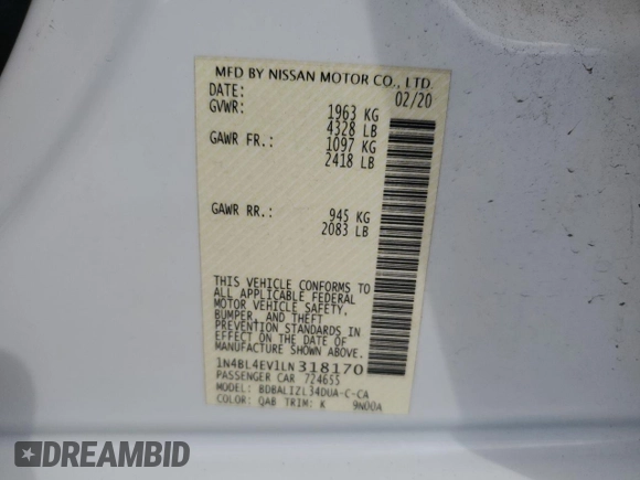2020 Nissan Altima 2.5 SL with VIN 1N4BL4EV1LN318170, listed as a Copart auction lot 46830075 with 91,291 mi miles and Salvage Title. Bid and sale history available at carsss.com. Image 13.