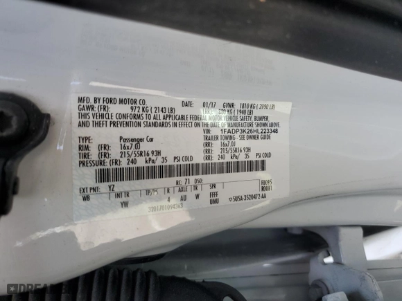 2017 Ford Focus SE with VIN 1FADP3K26HL223348, listed as a Copart auction lot 54056455 with 65,700 mi miles and Salvage Title. Bid and sale history available at carsss.com. Image 13.
