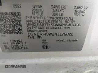 2022 Chevrolet Traverse LS with VIN 1GNERFKW2NJ179022, listed as a IAAI auction lot 42115117 with 60,720 mi miles and . Bid and sale history available at DreamBid. Image 9.