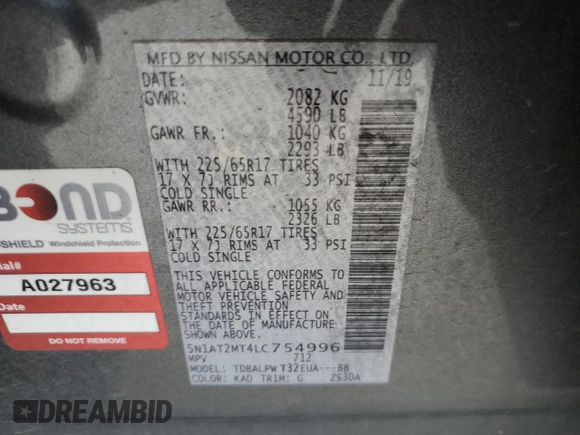 2020 Nissan Rogue SV with VIN 5N1AT2MT4LC754996, listed as a Copart auction lot 48848715 with 113,808 mi miles and Salvage Title. Bid and sale history available at DreamBid. Image 14.