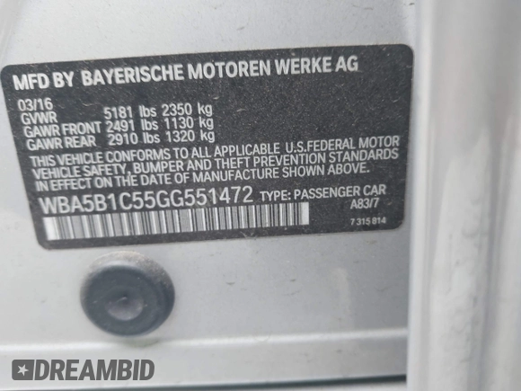 2016 BMW 5 Series 535i with VIN WBA5B1C55GG551472, listed as a IAAI auction lot 42028794 with 65,846 mi miles and . Bid and sale history available at carsss.com. Image 9.