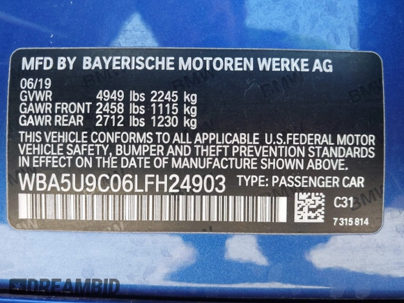2020 BMW 3 Series M340i xDrive with VIN WBA5U9C06LFH24903, listed as a IAAI auction lot 41041530 with 55,949 mi miles and . Bid and sale history available at DreamBid. Image 9.