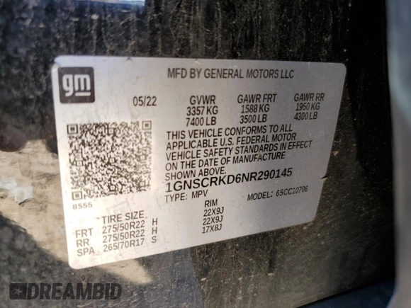 2022 Chevrolet Tahoe RST with VIN 1GNSCRKD6NR290145, listed as a Copart auction lot 43275465 with 64,314 mi miles and Salvage title. Bid and sale history available at DreamBid. Image 14.