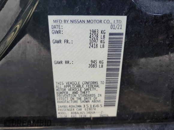 2021 Nissan Altima SV with VIN 1N4BL4DV2MN351665, listed as a Copart auction lot 48725085 with 93,568 mi miles and Salvage title. Bid and sale history available at DreamBid. Image 12.