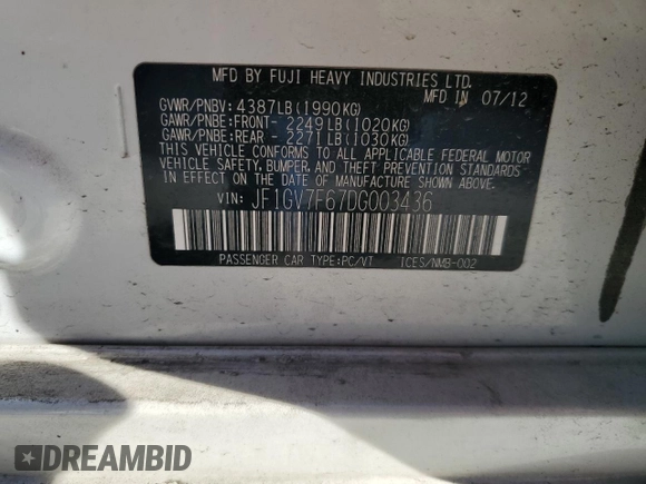 2013 Subaru Impreza Sedan WRX WRX with VIN JF1GV7F67DG003436, listed as a Copart auction lot 83543324 with 0 mi miles and Salvage Title. Bid and sale history available at carsss.com. Image 13.