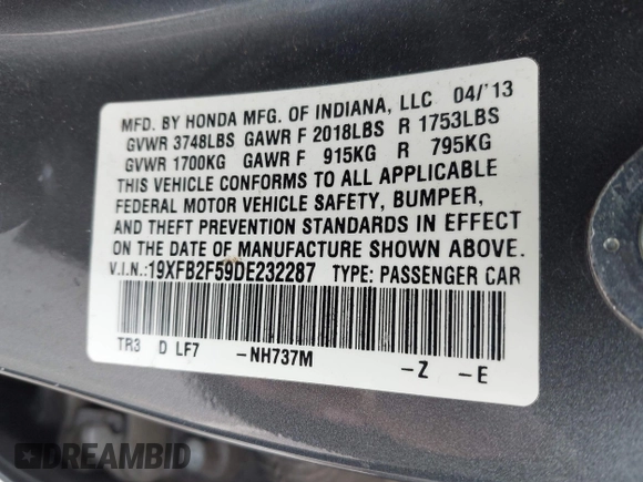 2013 Honda Civic LX with VIN 19XFB2F59DE232287, listed as a IAAI auction lot 42068594 with 132,231 mi miles and . Bid and sale history available at DreamBid. Image 9.