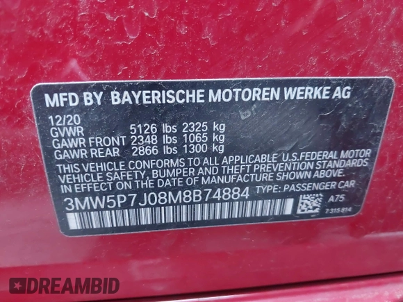 2021 BMW 3 Series 330e with VIN 3MW5P7J08M8B74884, listed as a IAAI auction lot 41587760 with 36,601 mi miles. Bid and sale history available at carsss.com. Image 9.