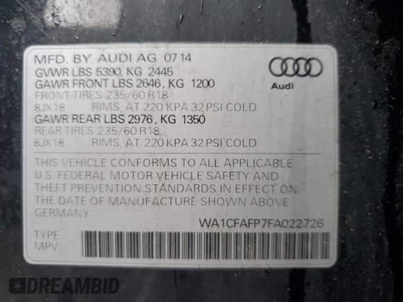 2015 Audi Q5 Premium with VIN WA1CFAFP7FA022726, listed as a Copart auction lot 59786235 with Not provided miles and Clean title. Bid and sale history available at DreamBid. Image 13.