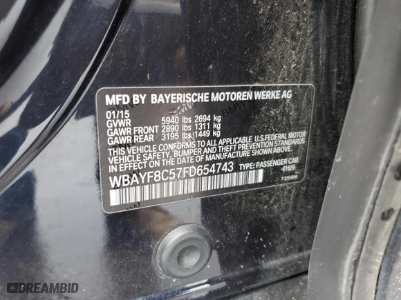 2015 BMW 7 Series 750Li xDrive with VIN WBAYF8C57FD654743, listed as a Copart auction lot 74207584 with 56,580 mi miles and Non Repairable. Bid and sale history available at carsss.com. Image 12.