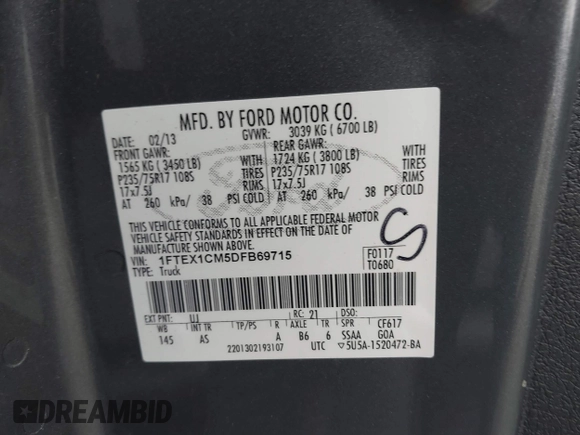 2013 Ford F-150 XL with VIN 1FTEX1CM5DFB69715, listed as a IAAI auction lot 41259318 with 176,916 mi miles. Bid and sale history available at carsss.com. Image 9.