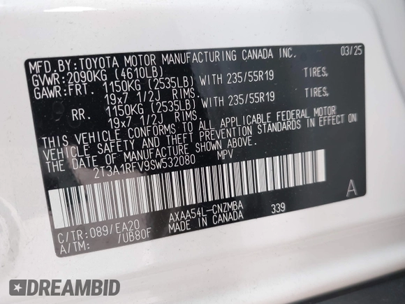 2025 Toyota RAV4 XLE Premium with VIN 2T3A1RFV9SW532080, listed as a IAAI auction lot 42420248 with 323 mi miles and . Bid and sale history available at DreamBid. Image 9.