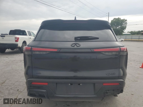 2025 Infiniti QX60 Luxe with VIN 5N1AL1FS8SC333957, listed as a Copart auction lot 57148515 with 22,624 mi miles and Salvage title. Bid and sale history available at DreamBid. Image 6.