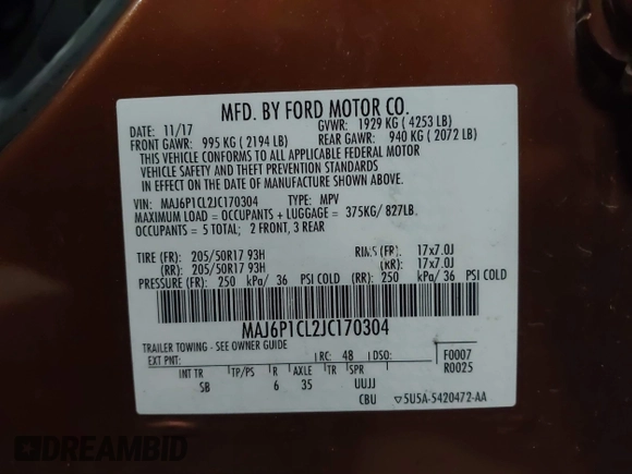 2018 Ford EcoSport SES with VIN MAJ6P1CL2JC170304, listed as a IAAI auction lot 40954855 with 112,012 mi miles and . Bid and sale history available at DreamBid. Image 9.