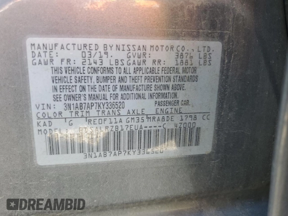 2019 Nissan Sentra SR with VIN 3N1AB7AP7KY336520, listed as a Copart auction lot 49664375 with 63,592 mi miles and Salvage Title. Bid and sale history available at carsss.com. Image 14.
