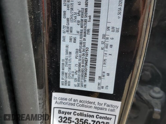 2022 Ford F-350 XL with VIN 1FT8W3DT9NEF10753, listed as a Copart auction lot 42804245 with Not provided miles and Salvage title. Bid and sale history available at DreamBid. Image 12.