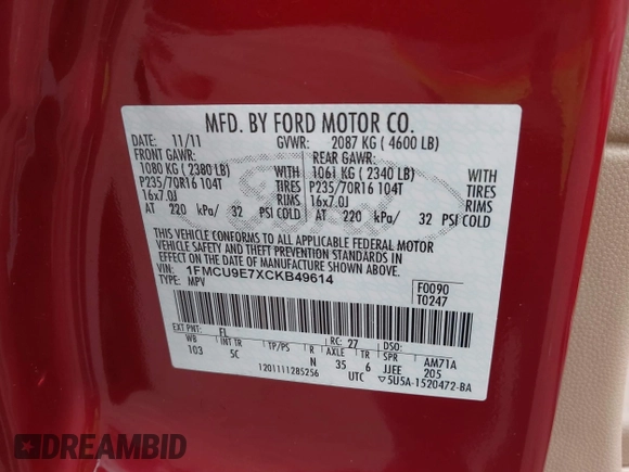 2012 Ford Escape Limited with VIN 1FMCU9E7XCKB49614, listed as a IAAI auction lot 41912644 with 160,258 mi miles. Bid and sale history available at carsss.com. Image 9.