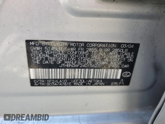 2004 Lexus LS 430 with VIN JTHBN36F240156231, listed as a Copart auction lot 55115825 with 233,658 mi miles and Salvage Title. Bid and sale history available at DreamBid. Image 12.