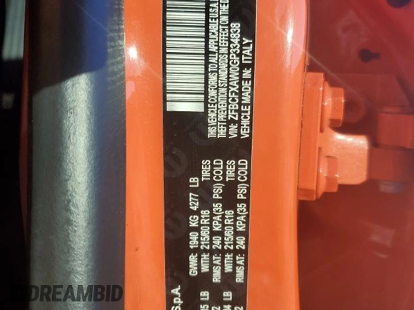 2016 FIAT 500X Pop z VIN ZFBCFXAW0GP334838, wystawiony jako Copart lot #86771474 z przebiegiem 66 426 mil mil oraz Szkoda całkowita • Salvage title. Historia ofert i sprzedaży dostępna na DreamBid. Obrazek 13.