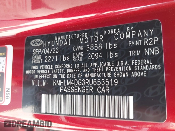 2024 Hyundai Elantra SEL with VIN KMHLM4DG3RU653519, listed as a IAAI auction lot 42761312 with 42,358 mi miles and . Bid and sale history available at DreamBid. Image 9.