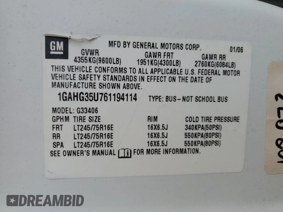 2006 Chevrolet Express Passenger with VIN 1GAHG35U761194114, listed as a Copart auction lot 55985195 with 110,432 mi miles and Salvage title. Bid and sale history available at DreamBid. Image 13.