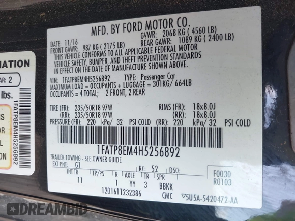 2017 Ford Mustang V6 z VIN 1FATP8EM4H5256892, wystawiony jako IAAI lot #41991537 z przebiegiem 39 861 mil mil oraz . Historia ofert i sprzedaży dostępna na DreamBid. Obrazek 9.