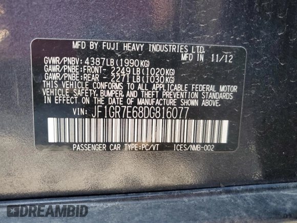 2013 Subaru WRX WRX with VIN JF1GR7E68DG816077, listed as a Copart auction lot 88937905 with 123,166 mi miles and Salvage title. Bid and sale history available at DreamBid. Image 12.