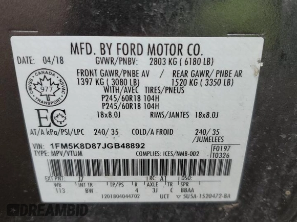 2018 Ford Explorer XLT with VIN 1FM5K8D87JGB48892, listed as a Copart auction lot 53347595 with 115,756 mi miles and Clean Title. Bid and sale history available at carsss.com. Image 13.