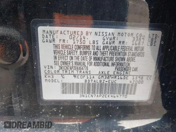 2014 Nissan Versa SV with VIN 3N1CN7AP2EK464770, listed as a IAAI auction lot 42191565 with 101,349 mi miles and . Bid and sale history available at carsss.com. Image 9.