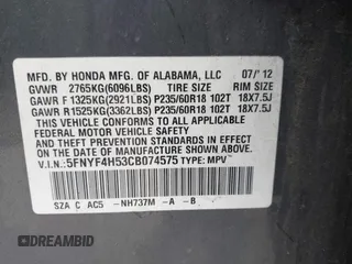 2012 Honda Pilot EX-L with VIN 5FNYF4H53CB074575, listed as a IAAI auction lot 42068530 with 106,837 mi miles and . Bid and sale history available at carsss.com. Image 9.