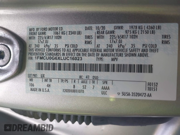 2020 Ford Escape SE with VIN 1FMCU0G6XLUC16023, listed as a IAAI auction lot 42566777 with 37,285 mi miles and . Bid and sale history available at DreamBid. Image 9.