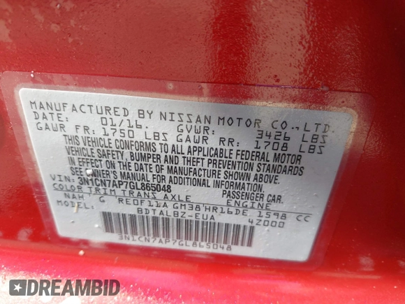 2016 Nissan Versa S Plus with VIN 3N1CN7AP7GL865048, listed as a IAAI auction lot 41832779 with 137,886 mi miles and . Bid and sale history available at DreamBid. Image 9.
