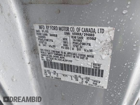 2002 Ford F-150 XL with VIN 2FTRX18L32CA39197, listed as a IAAI auction lot 42359055 with Not provided miles and . Bid and sale history available at DreamBid. Image 9.
