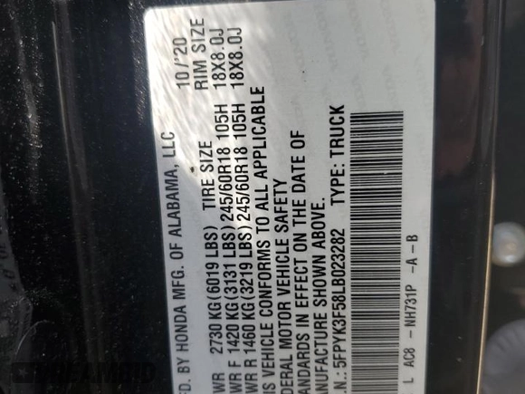 2020 Honda Ridgeline RTL with VIN 5FPYK3F58LB023282, listed as a Copart auction lot 53871545 with 69,653 mi miles and Salvage title. Bid and sale history available at DreamBid. Image 13.