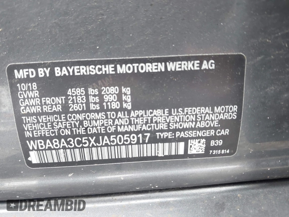 2018 BMW 3 Series 320i xDrive with VIN WBA8A3C5XJA505917, listed as a IAAI auction lot 42279882 with 89,537 mi miles and . Bid and sale history available at DreamBid. Image 9.