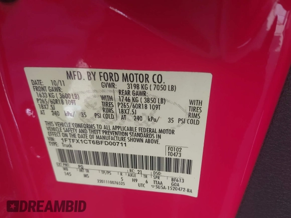 2011 Ford F-150 XL с VIN 1FTFX1CT6BFD00711, выставлен на аукционе IAAI как лот 42490504 с пробегом 102 798 миль миль и . История ставок и продаж доступна на DreamBid. Изображение 9.