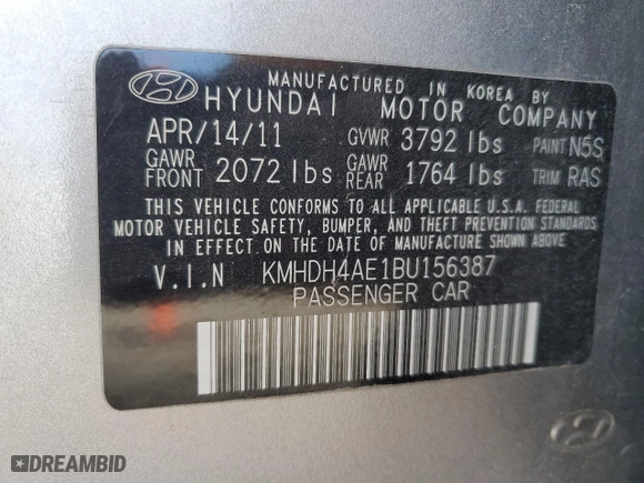 2011 Hyundai Elantra Ltd with VIN KMHDH4AE1BU156387, listed as a Copart auction lot 48917755 with 88,765 mi miles and Salvage Title. Bid and sale history available at carsss.com. Image 13.