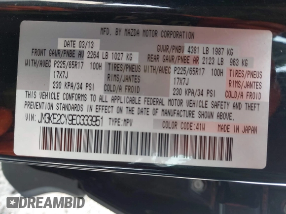 2014 Mazda CX-5 Touring with VIN JM3KE2CY9E0333951, listed as a IAAI auction lot 41825345 with 124,684 mi miles. Bid and sale history available at carsss.com. Image 9.