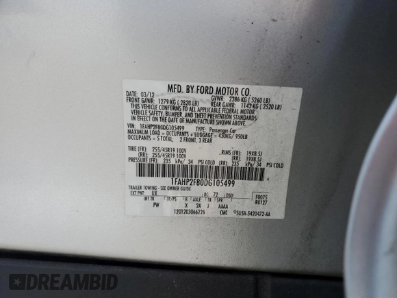 2013 Ford Taurus Limited z VIN 1FAHP2F80DG105499, wystawiony jako Copart lot #70792614 z przebiegiem 106 425 mil mil oraz Czysty tytuł • Clean title. Historia ofert i sprzedaży dostępna na DreamBid. Obrazek 13.
