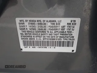 2009 Honda Ridgeline RT with VIN 5FPYK16239B101373, listed as a IAAI auction lot 41169343 with Not provided miles and . Bid and sale history available at DreamBid. Image 9.