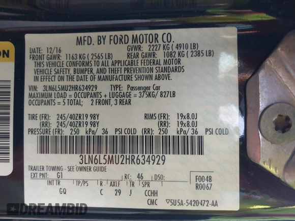 2017 Lincoln MKZ Hybrid Reserve with VIN 3LN6L5MU2HR634929, listed as a IAAI auction lot 42065636 with 100,165 mi miles and . Bid and sale history available at DreamBid. Image 9.