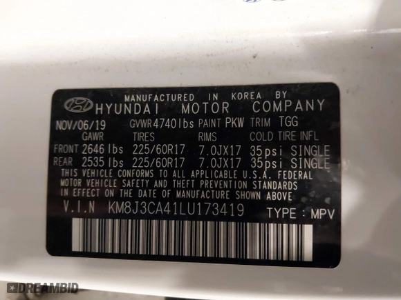2020 Hyundai Tucson Value with VIN KM8J3CA41LU173419, listed as a IAAI auction lot 40915699 with 90,996 mi miles. Bid and sale history available at carsss.com. Image 9.