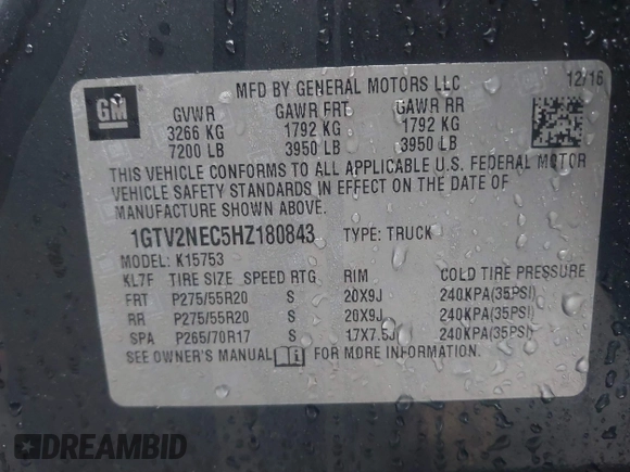 2017 GMC Sierra 1500 SLT z VIN 1GTV2NEC5HZ180843, wystawiony jako IAAI lot #41509410 z przebiegiem 89 943 mil mil oraz . Historia ofert i sprzedaży dostępna na DreamBid. Obrazek 9.