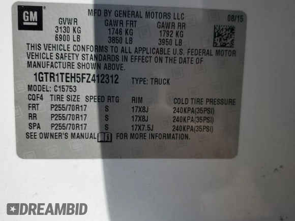 2015 GMC Sierra 1500 z VIN 1GTR1TEH5FZ412312, wystawiony jako Copart lot #79468714 z przebiegiem 219 891 mil mil oraz Szkoda całkowita • Salvage title. Historia ofert i sprzedaży dostępna na DreamBid. Obrazek 12.