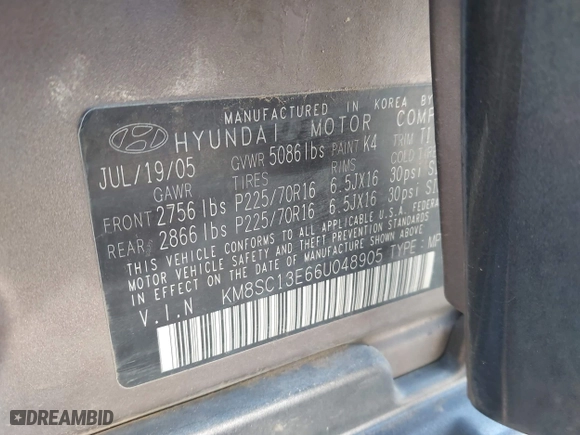 2006 Hyundai Santa Fe GLS with VIN KM8SC13E66U048905, listed as a IAAI auction lot 42053514 with 217,658 mi miles. Bid and sale history available at carsss.com. Image 9.